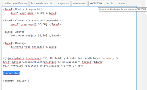 botón recaptcha google en cotact form