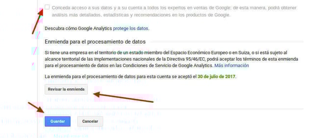 Aceptación enmienda europea Google Analytics