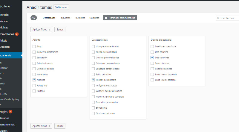 Filtro temas en WordPress